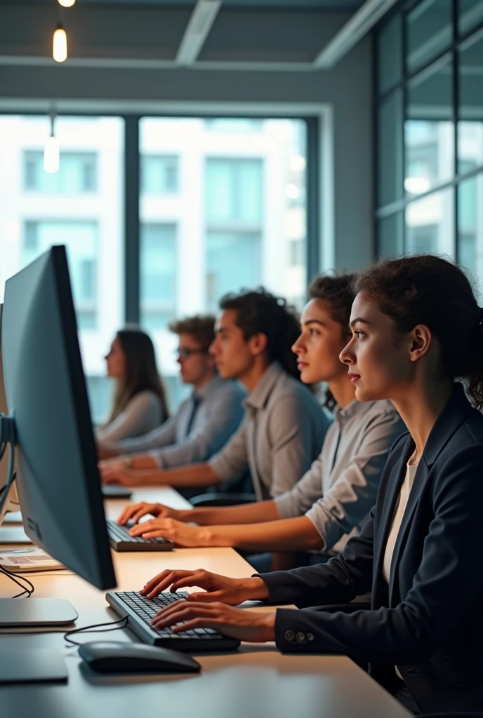 A group of young people working in an office with computers, aspect 16:9