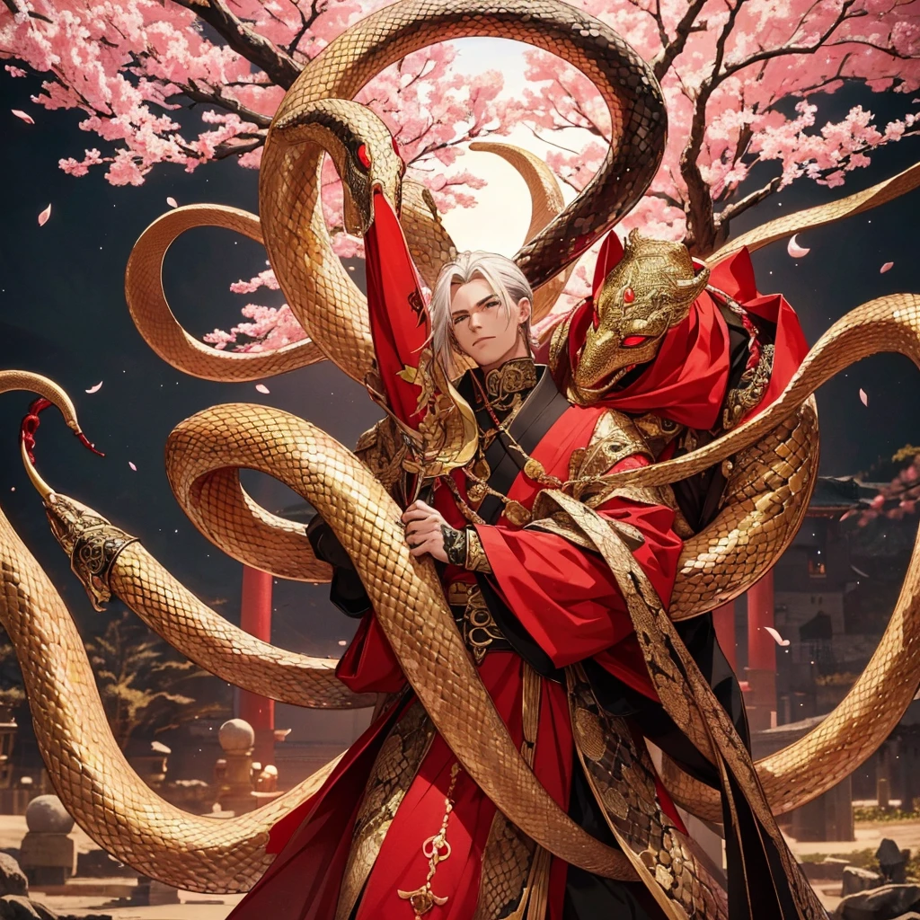 Create an image of a serpent man with two heads, which are snake-like, the scales on his skin are red and black. He is holding a staff made of gold with a spherical jewel at the tip, and It is shaped like a snake. It is in front of a Japanese castle with cherry trees around it.