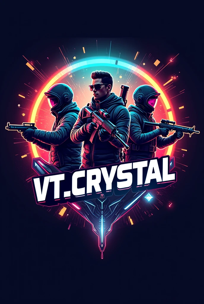 Create a free fire game logo with the name VT_Crystal and characters and game theme and a squad 
