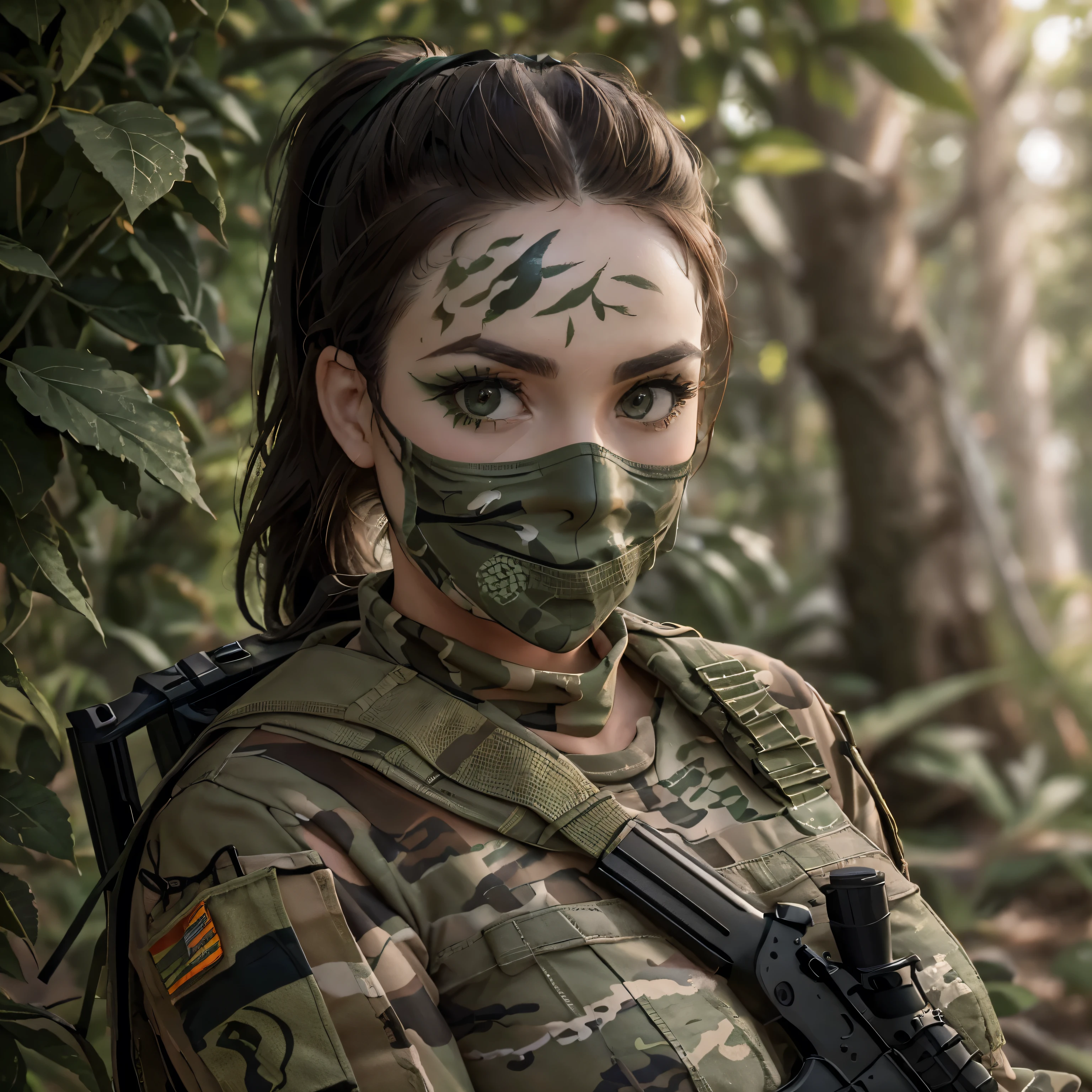 Woman, Brown Hair, Ponytail. Large Breasts, Cleavage, Green Army Fatigues, Huge Army Backpack, Camouflage Body Paint, ((Camouflage Face Paint)), (Face Fully Painted), Forest Camouflage, Hiding Behind Tree, ((Firing Assault Rifle))