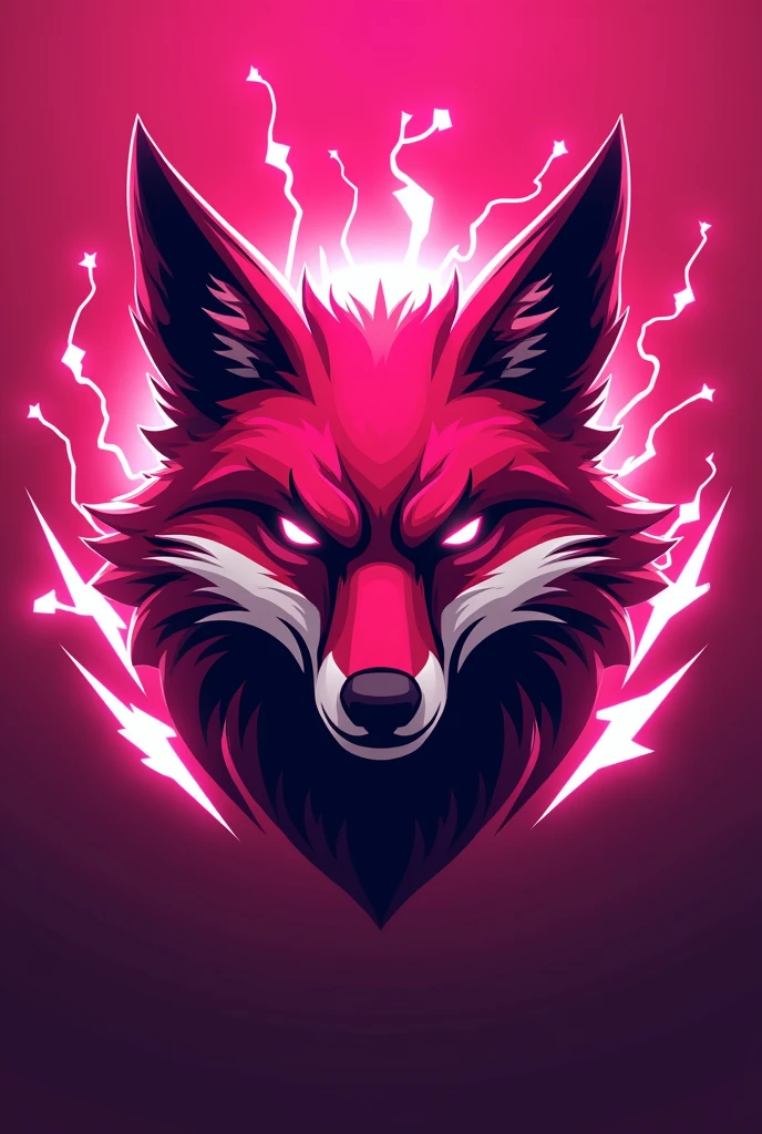 Sports logo of a room in competitive games, the color of the room is pink, and must show the mascot which is the pink fox, a little aggressive, showing the competitiveness and determination of sports games. Add lightning and elements that make the image more intimidating