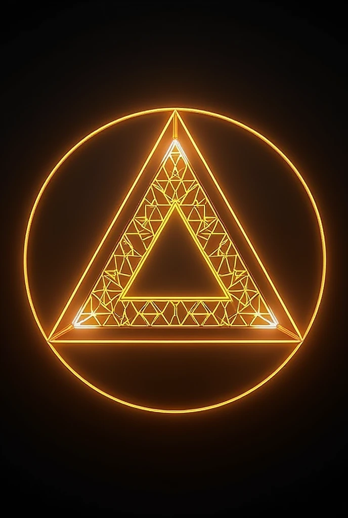 A detailed view of a triangle-shaped object set against a dark background, surrounded by a golden fractal border. The design features triangular elements with a golden neon glow, forming a perfectly symmetrical pattern. This computer-generated image showcases precise lighting, with a central triangular formation that highlights a golden Sierpinski gasket motif