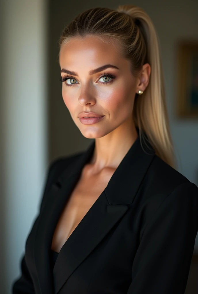 A very realistic and detailed photo of beautiful italian woman black office suit , perfect makeup, long sleek straight ponytail blonde hair, high quality photo 4k, very detailed, perfect fit, looking at the camera, detailed realistic face, detailed eyes, confident 