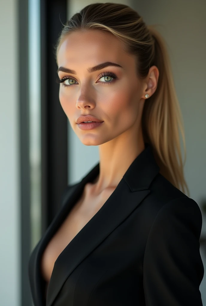 A very realistic and detailed photo of beautiful italian woman black office suit , perfect makeup, long sleek straight ponytail blonde hair, high quality photo 4k, very detailed, perfect fit, looking at the camera, detailed realistic face, detailed eyes, confident