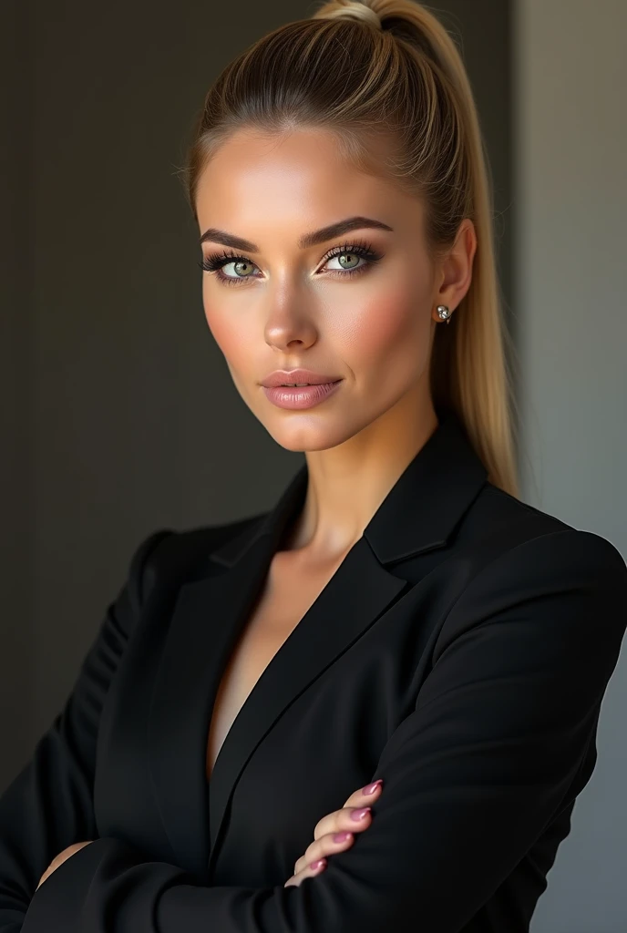 A very realistic and detailed photo of beautiful italian woman black office suit , perfect makeup, long sleek straight ponytail blonde hair, high quality photo 4k, very detailed, perfect fit, looking at the camera, detailed realistic face, detailed eyes, confident 