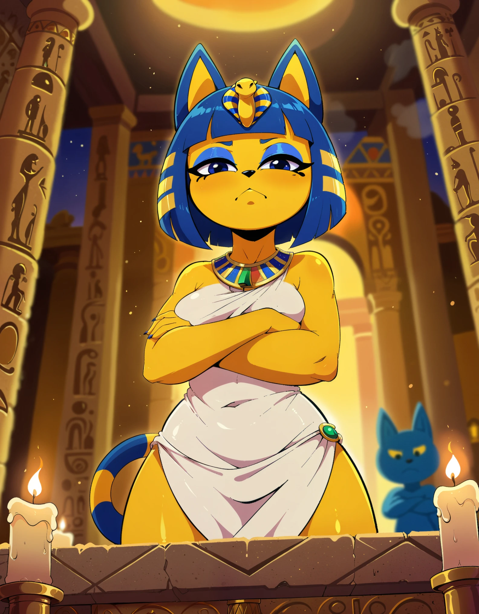 bust portrait, front view, low-angle view, looking down, female on top, solo, toony, ankha \(animal crossing\), crossed arms, egyptian clothing, standing, BREAK, flat colors, ankha zone, by Garry Winogrand, by Edward Rusch, detailed background, detailed foreground, depth of field, ambient silhouette, backlighting, inside, altar, room, foggy, candle light