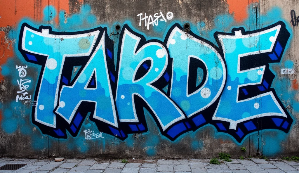 intricate blue, light blue, white graffiti, graffiti art, graffiti mural, graffiti on wall, graffiti wall, ghetto style graffiti, "10 MINUTOS TARDE" text, detailed graffiti, vibrant colors, urban street art, gritty urban environment, dynamic composition, hyperrealistic, photorealistic, 8k, high resolution, detailed textures, dramatic lighting, moody atmosphere, bold contrasting colors, grungy aesthetic, gritty urban vibe, eye-catching design, masterpiece, stunning realism