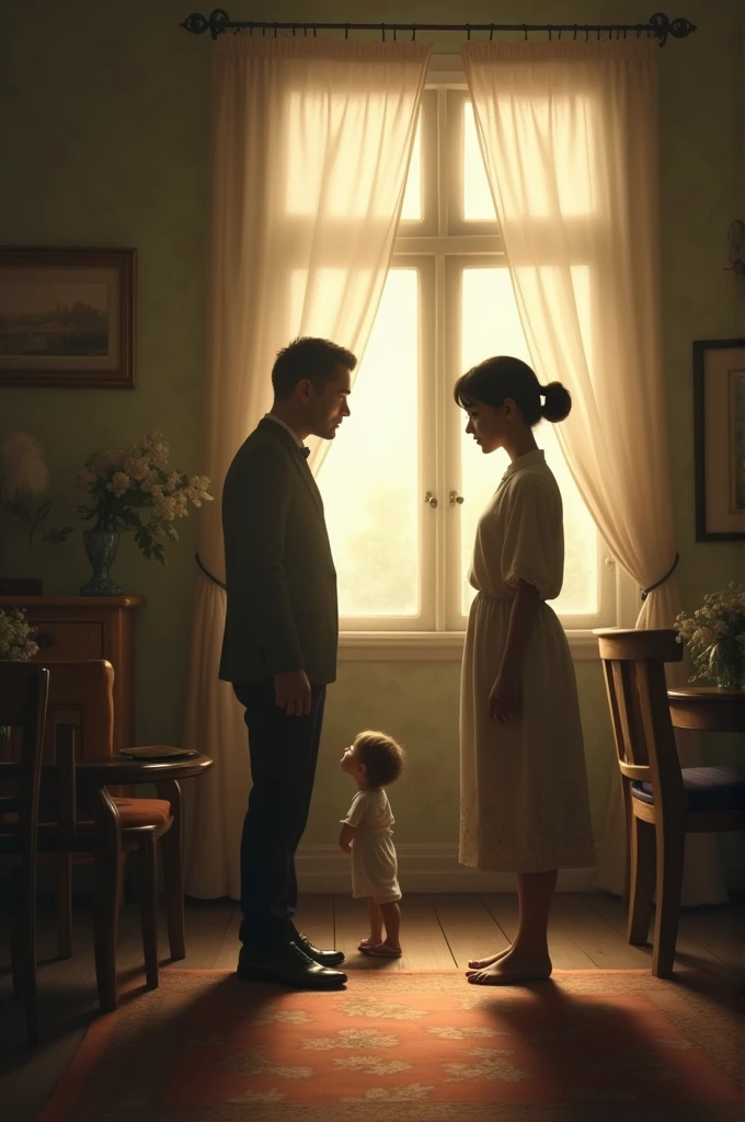 Create a photo where a child sees his parents talking and tries to approach them to talk to them and can&#39;t because it is an image from the past