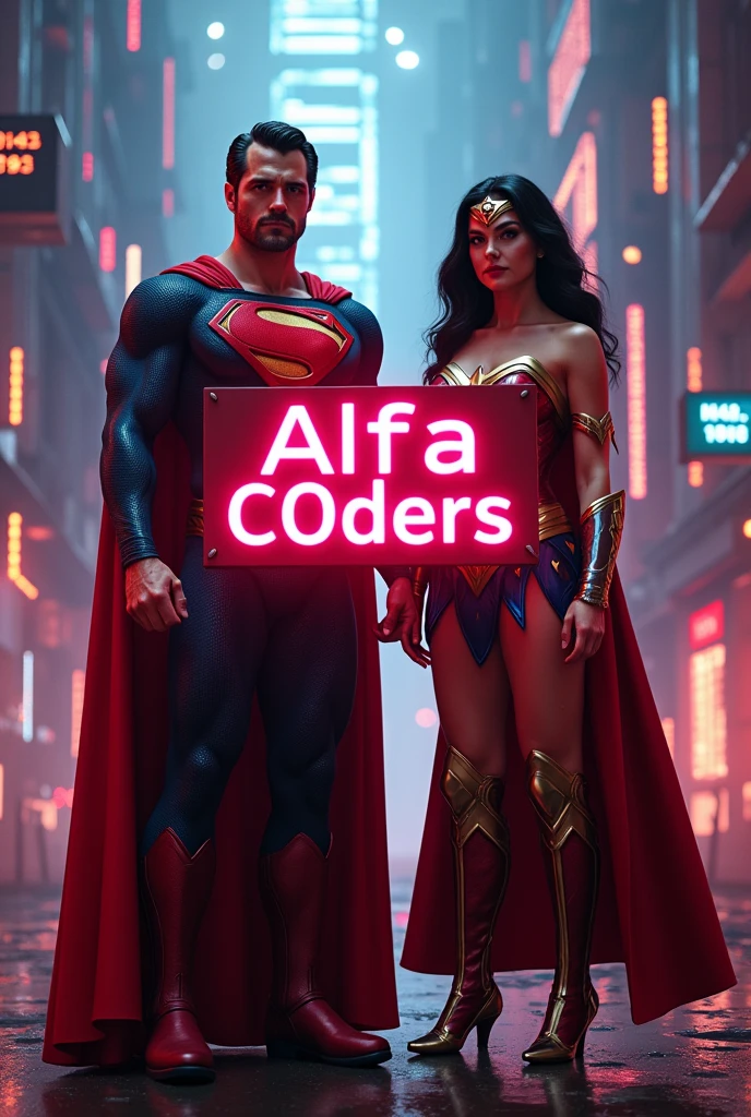 a superhero couple, superman and wonder woman, holding a sign that says "Alfa C0ders", digital art, cinematic lighting, vibrant colors, 4k, photorealistic, highly detailed, dynamic pose, heroic, powerful, epic, dramatic, complex, layered, intricate background with computer programming elements, neon glowing text, sleek futuristic style, stylized, striking composition, masterpiece