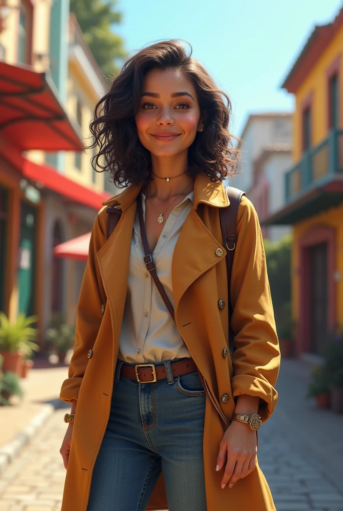 A traveler sightseeing in the city of Cataguases/MG, 40 years old women, 1,60m, brown color, dark brown hair, curly medium length long bob cut 