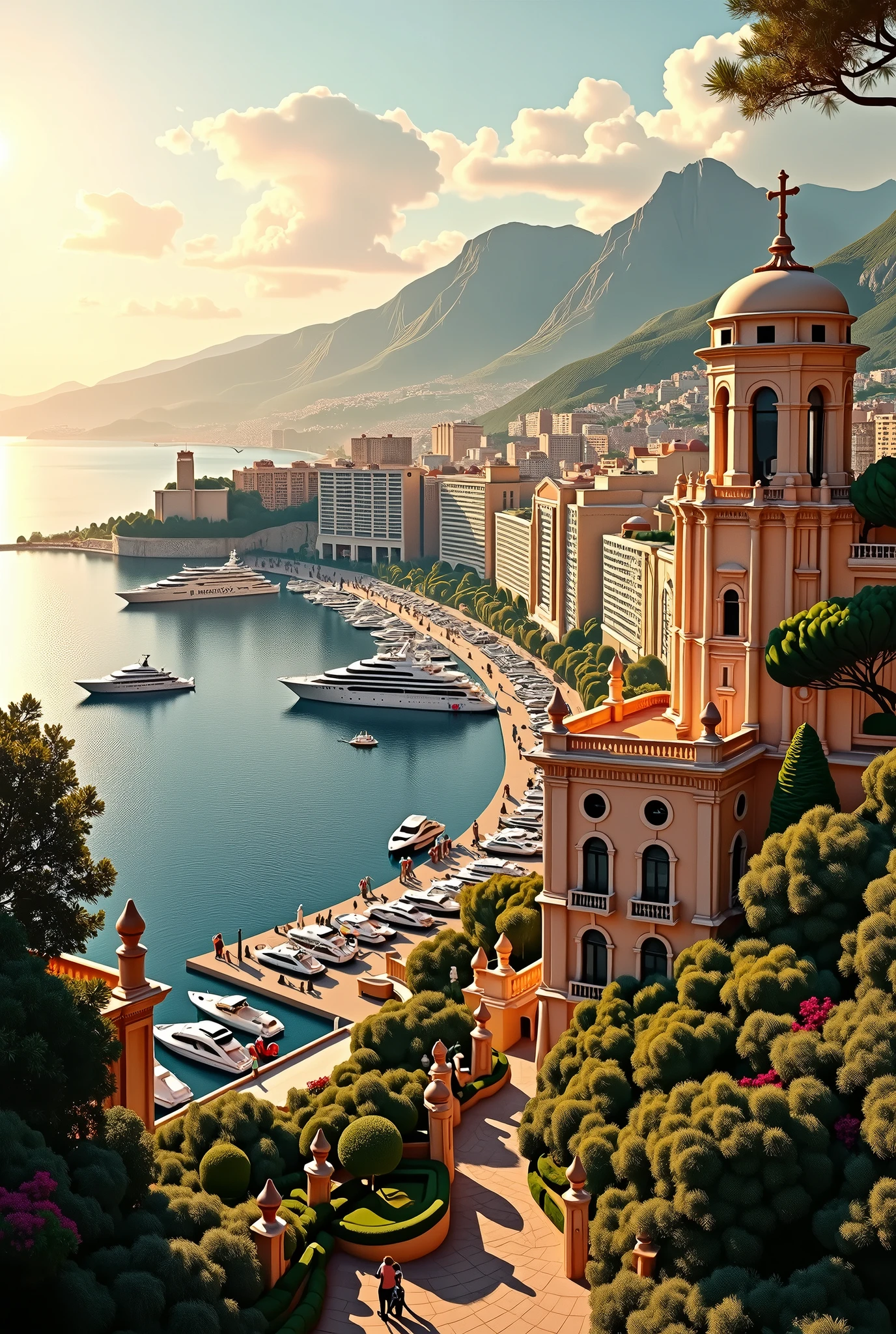 • Buildings and cityscapes: “grand hotels,” “luxurious buildings,” “ornate architecture.• Resort feel: “harbor with yachts,” “golden sunlight,” “Mediterranean Sea." • Elegant atmosphere: “luxury,” “champagne,” “small ornate window,” “exclusive destination
“A stunning view of Monaco from a different angle, showing the majestic architecture of the city’s grand hotels and casinos along the coastline. The harbor is filled with yachts, and the sun sets behind the hills, casting a warm glow across the Mediterranean Sea.”