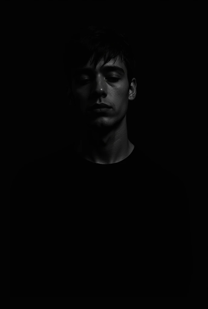 one men, with gentle and mysterious appearance, with the face completely dark, wearing a sweater, black background theme