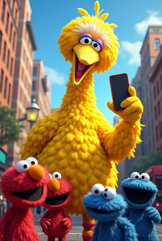 Big Bird from Sesame Street taking a photo with his cell phone of his friends