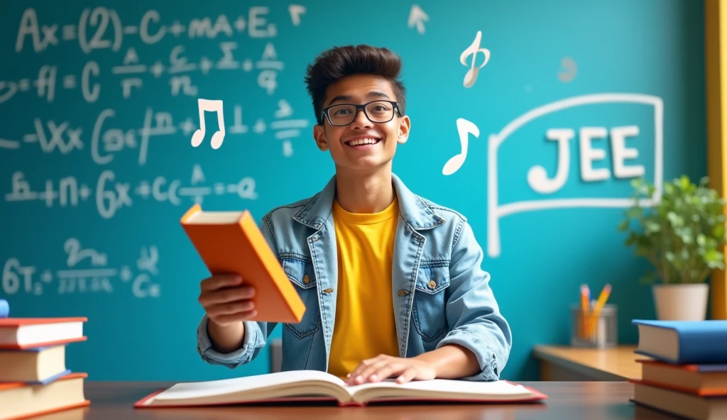 A confident student standing with a book in one hand, reaching for success, realistic image.
- A background that includes elements like a study desk with open books, formulas, and a JEE logo.
- A bright, uplifting color scheme with shades of blue and yellow to evoke positivity and energy.
- A subtle musical note overlay to signify that it's a song.