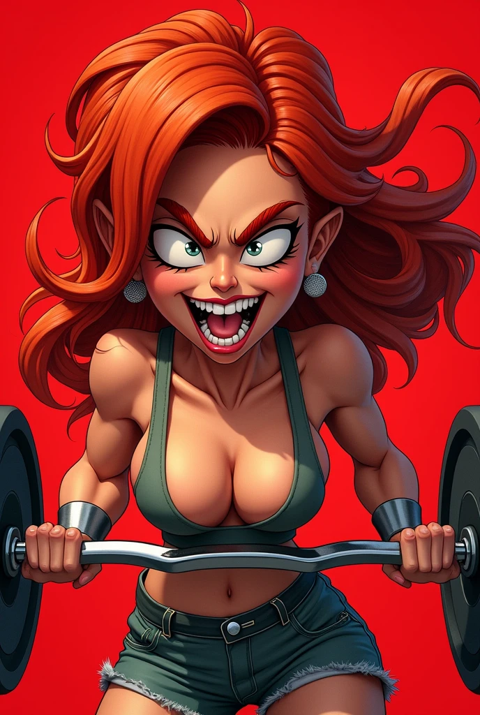 ((Best Quality)), ((masterpiece)), (detailed), 1 girl, A close-up of a cartoon of a woman lifting a barbell, an album cover inspired by Richard Pionk, pixiv, Shock Art, Phonk album cover, Phonk Music Background, ultra phoenix, Popular on Pixiv, anime cover,redhead,Wild,Red background,masterpiece, Best Quality, (Fondo de pantalla CG unity 8k extremadamente detailed), (Best Quality), (best illustration), (best shadow), absurdities, Realistic lighting, (Abyss), hermoso brillo detailed, arte de PeterMohrBacher,anime,tongue out