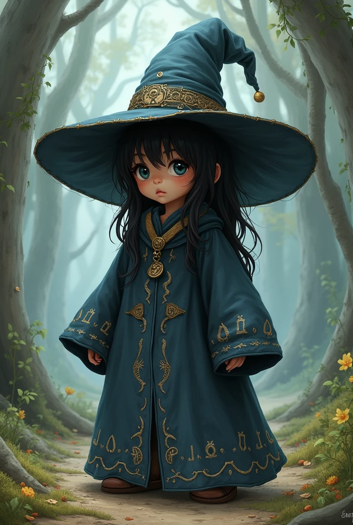 Mage child whit over sized clothes her hair covering the eyes and a very big which hat for rpg