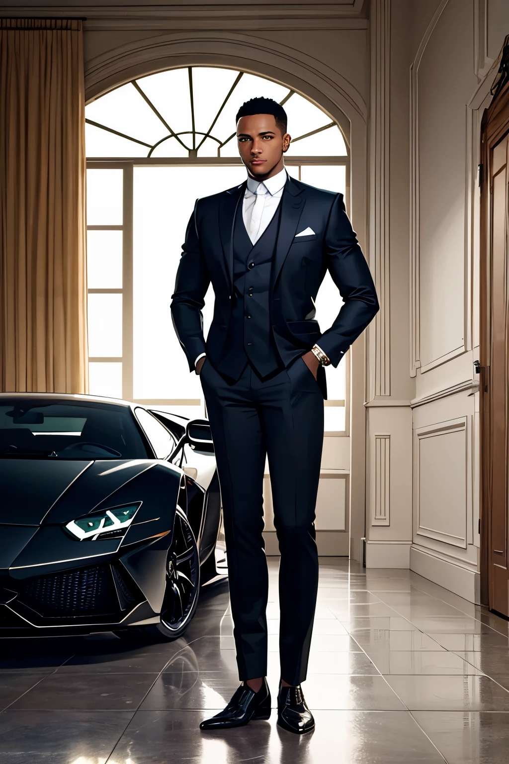 Imagine a young black man with typical Mozambican features. He has a slightly thin body type., dark skin and shaved hair. The man is dressed in a designer suit, standing in front of a black Lamborghini and a beautiful mansion.
Create as realistic as possible.