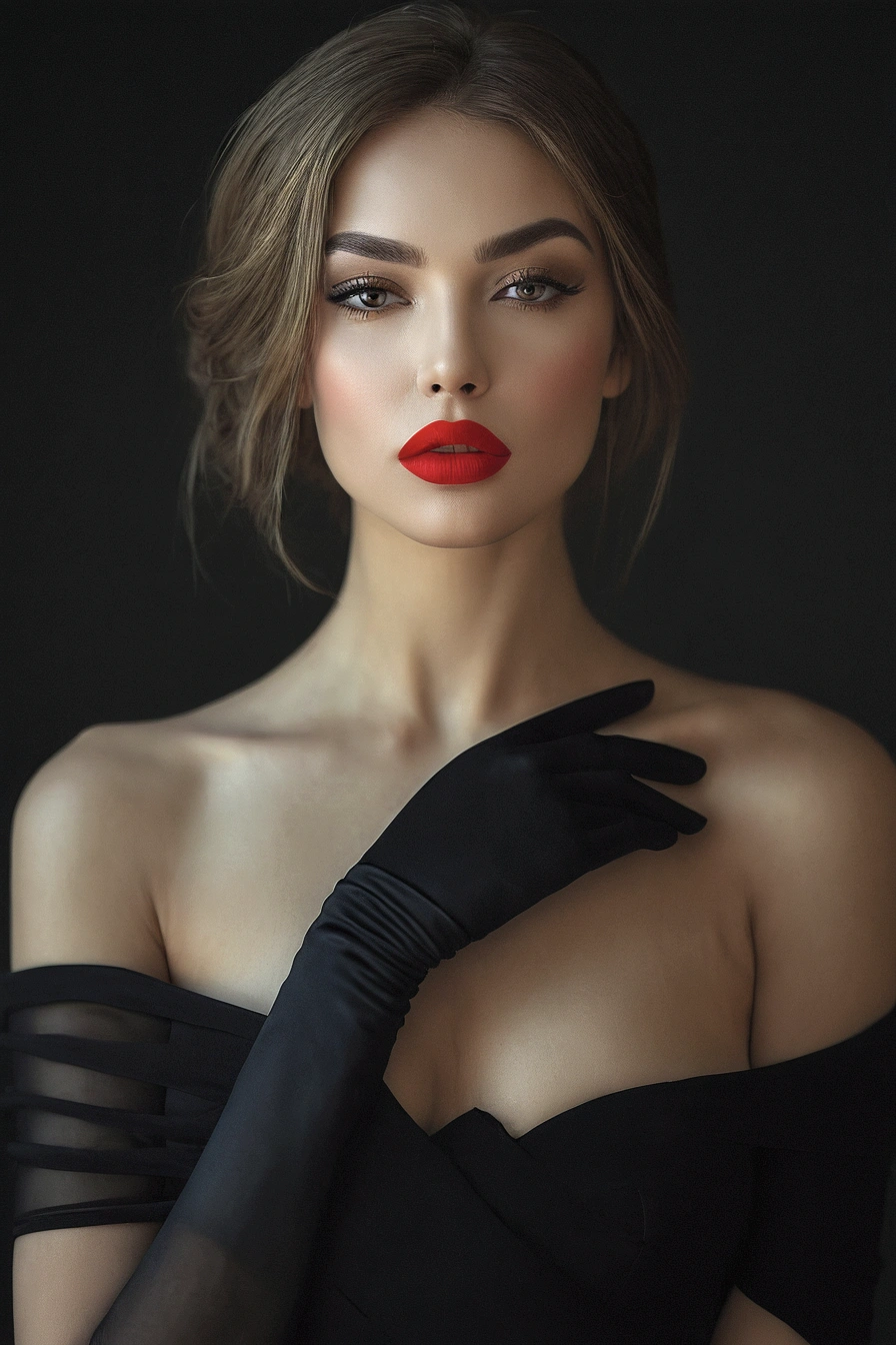 UHD ultra precise 8K digital copy of a arafed woman in black dress and red lipstick posing for a picture, photo of a beautiful woman, sexy red lips, inspired by Hedi Xandt, red lips, attractive woman, thick red lips, beauty portrait, sensual woman, sexy face, gorgeous beautiful woman, big red lips, sexy face with full makeup, beautiful portrait photo, glamour portrait, sexy lips