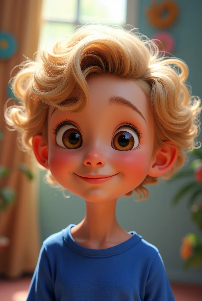 curly blonde hair, big, bright brown eyes, royal blue shirt, Disney Pixar style art