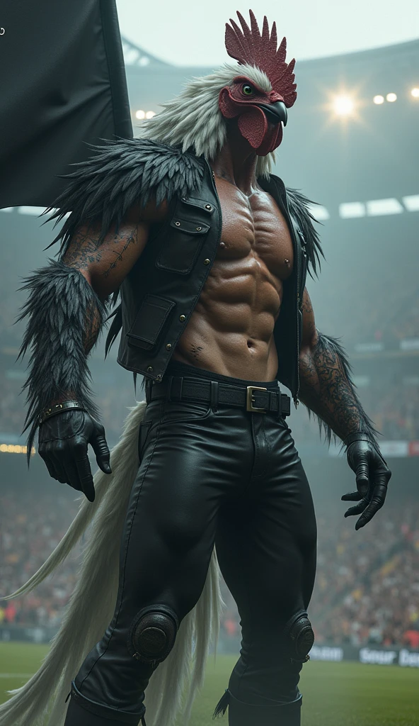 den, rooster bird, solo, male, adult, veiny muscles, defined body, toned muscles, dark black pants, terrorist, bandit, criminal, pirate, serious look, fierce look, small eye, black feathered body, white feathers, detailed background, wild background, clear weather, realistic, photorealistic, ultra realistic, 8k, bare chest, black nipples, tight crotch, shirtless, utility belt, shiny skin, torso tattoo, long feathers, unbuttoned black vest, in a soccer stadium holding a waving black flag, lots of smoke in the air behind