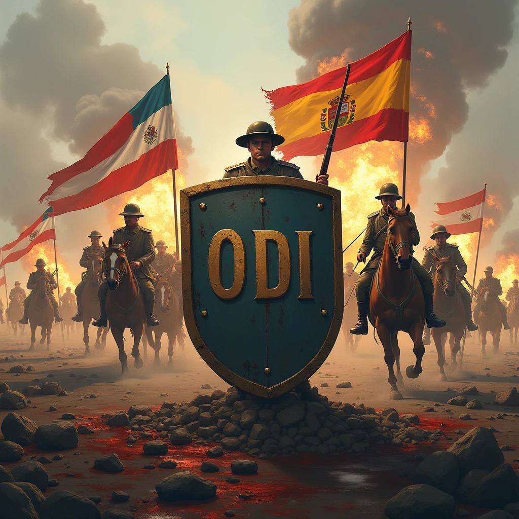 Small shield with the name ODI in capital letters, in a war environment with soldiers from the First World War behind, horses with flags of Hispanic countries and weapons, blood and explosions