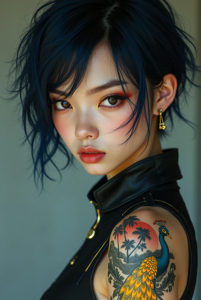 Imagine a woman of exotic beauty, Asian physiognomy but not with an Arabic touch, skin as white as porcelain, very slanted brown eyes, thick eyebrows., with a look that can be both soft and intense.with a neotraditional Japanese yellow peacock tattoo,on his arm, contrasts with his pilot uniform, revealing a complex and fascinating personality.Comic short dark blue-black hair prominent nose nunar close to the mouth comic type tall thin build