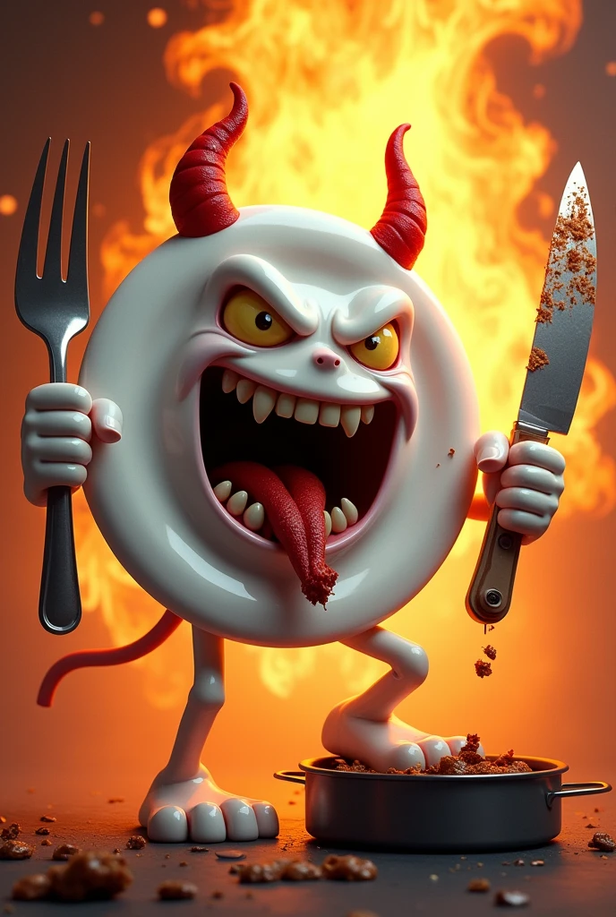 A white plate digital art character shaped like a plate of rice. It has a fierce expression with a wide open mouth, revealing sharp teeth. It wears red evil horns and is holding a large fork in its left hand and a knife covered in food stains in its right hand. There are food remnants stuck in its teeth. A huge flame is in the background. It is wearing boots and its right foot is stepping on a pan.