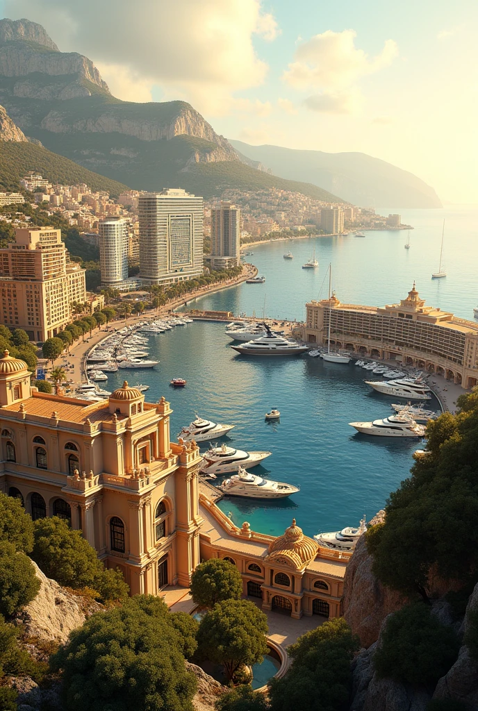 • Buildings and cityscapes: “grand hotels,” “luxurious buildings,” “ornate architecture.• Resort feel: “harbor with yachts,” “golden sunlight,” “Mediterranean Sea." • Elegant atmosphere: “luxury,” “champagne,” “small ornate window,” “exclusive destination
“A stunning view of Monaco from a different angle, showing the majestic architecture of the city’s grand hotels and casinos along the coastline. The harbor is filled with yachts, and the sun sets behind the hills, casting a warm glow across the Mediterranean Sea.”