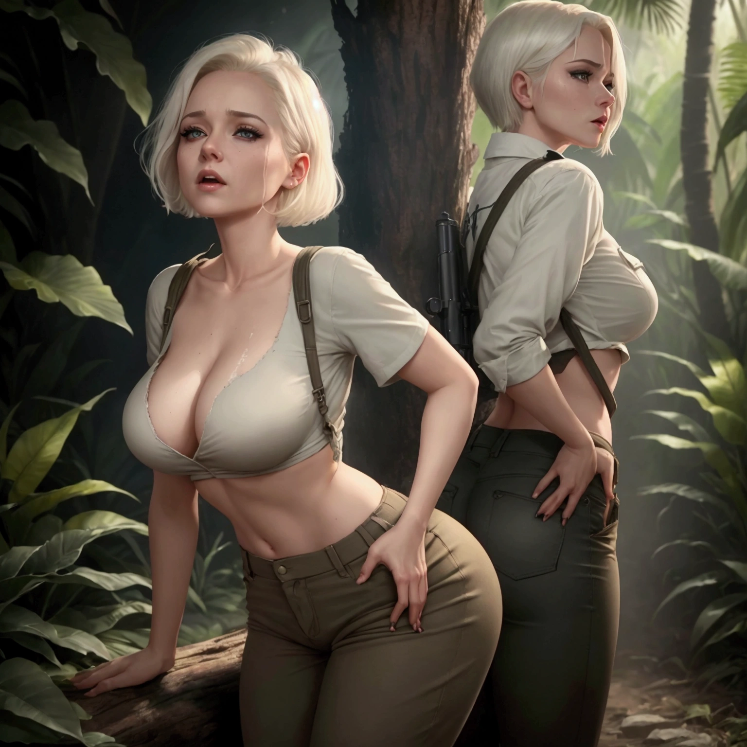 A cinematic photo of a young, talented actress resembling Doris Day with platinum blonde short hair. She is dressed as a poacher in the heart of the jungle. The actress is bent over, wearing long pants and a hunter's shirt, and holding a rifle. The edges of a big hole in her pants in the butt area have charred marks, and there's a significant amount of smoke emanating from her butt. Her platinum blonde hair is short and sleek, and she appears to be around 30 years old. The actress screams in pain, her eyes and mouth wide open, revealing a massive hole in her pants in the butt area from a shotgun accident. The scene is captured in stunning 4K high definition, with the jungle as a backdrop, and a comedic tone throughout.