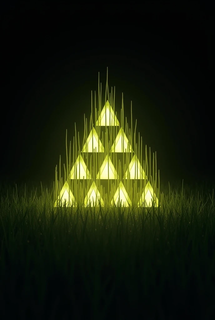 A detailed view of a triangle-shaped object set against a dark background, surrounded by a border of intricate, grass-like patterns. The design features triangular elements with a soft, golden-green glow, reminiscent of illuminated blades of grass, forming a perfectly symmetrical pattern. This computer-generated image highlights a natural, organic feel with precise lighting, creating a central triangular formation that showcases a golden Sierpinski gasket motif, blended seamlessly with the texture of grass