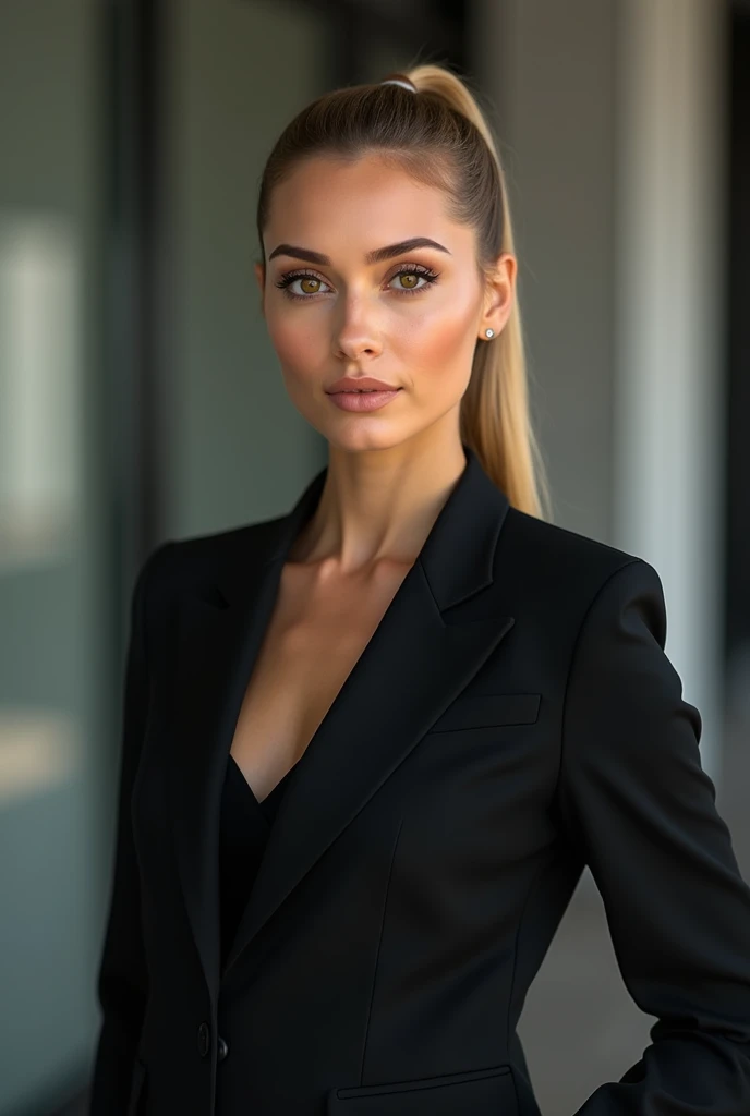 A very realistic and detailed photo of beautiful italian woman black office skirt suit , perfect makeup, long sleek straight high ponytail blonde hair, high quality photo 4k, very detailed, perfect fit, looking at the camera, detailed realistic face, detailed brown eyes, confident