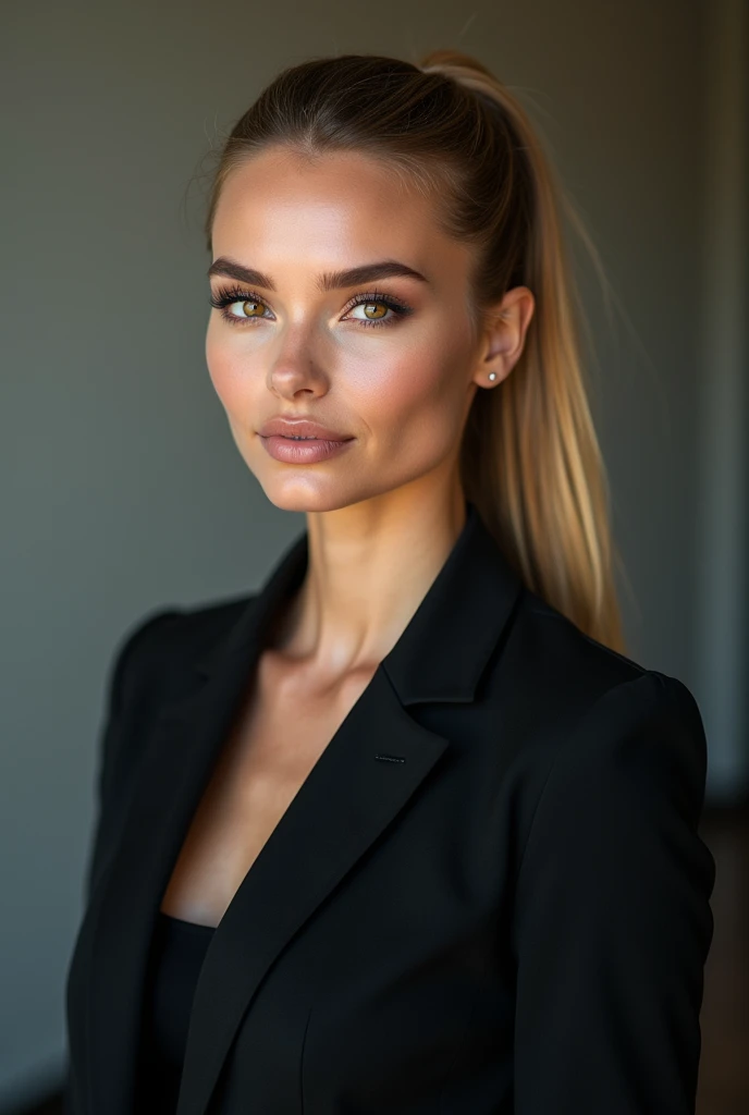 A very realistic and detailed photo of beautiful italian woman black office skirt suit , perfect makeup, long sleek straight high ponytail blonde hair, high quality photo 4k, very detailed, perfect fit, looking at the camera, detailed realistic face, detailed brown eyes, confident