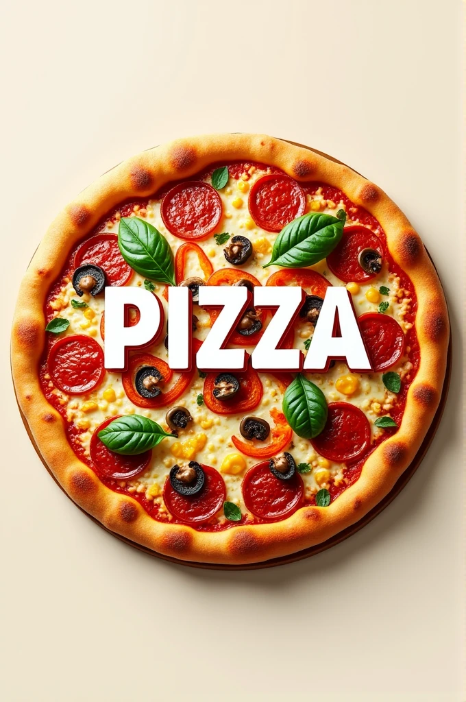 An image of a whole pizza with the name pizza in the center