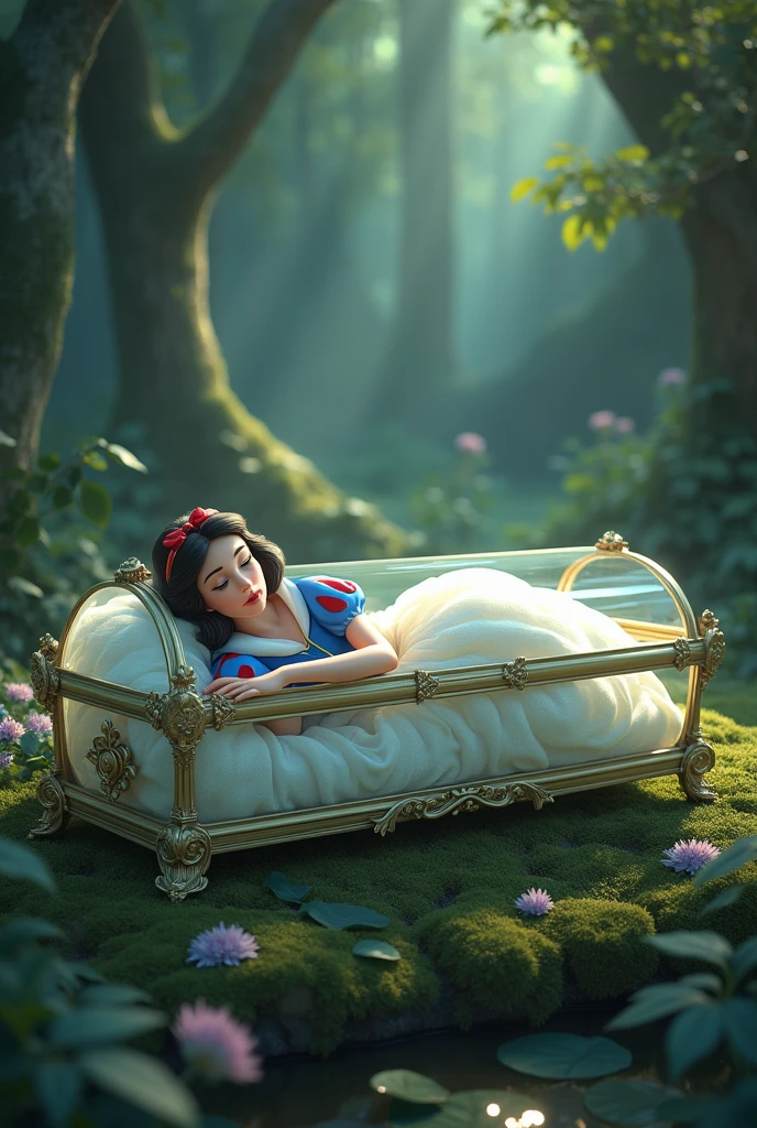 disney snow white lay down on a coffin glass