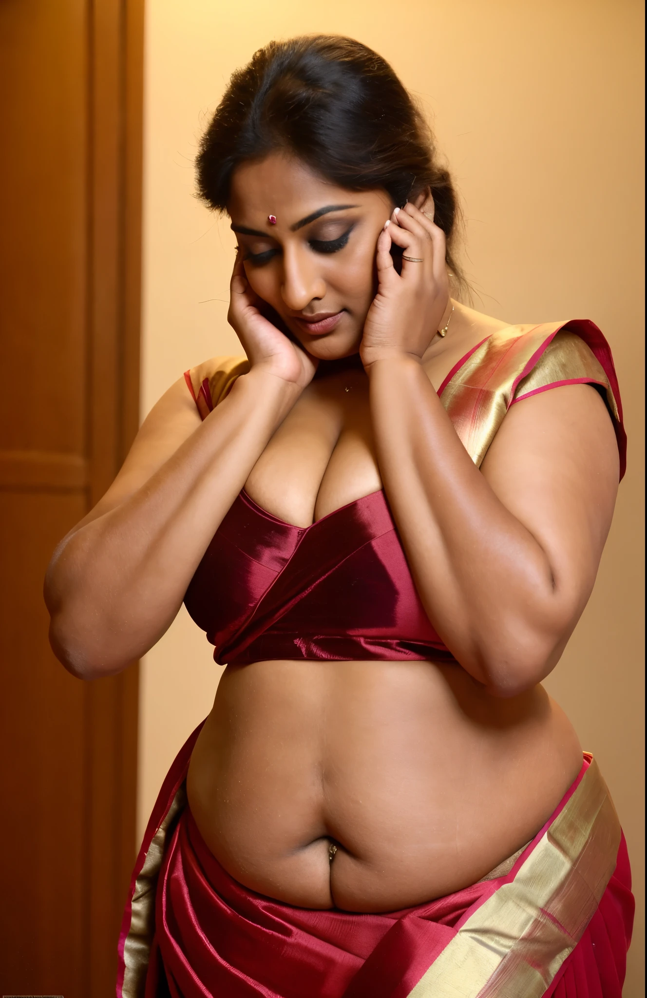 Realistic Representation of Savita bhabhi, sexy Savita aunty, tempting figure, busty aunty, goddess of lust, cougar lady, mommy, mommy figure, bulky figure, big milkers, deep cleavage, juicy fleshy figure, heavy bust, heavy hips, doodhwali, sizzling hot,  Nextdoor aunty bhabhi , unsatisfied housewife, chubby aunty, sweat, oiled body, irresistibly hot, inspired by famous Indian adult comics by amarshrostha, Foto RAW, photorealistic, photography, full body shot, 50 years old Woman, master shot, perfect eyes, goddess like beauty, pierced eyes, perfect thick chubby mallu Desi aunty bhabhi, Wearing a Stanapatta, a chest-band.Saree model, model Photography, Indian saree shoot, Indian traditional wear advertising photography, traditional wear brand shoot, face of Indian actress Sonakshi Sinha, masterpiece, realistic,realism,incredible details,pleasure,photorealism, detailed skin,skin pores, high contrast, photorealistic Artstation 8k HD digital art trend of high definition and detailed realistic skin texture,ultra detail, realistic skin texture, armature, best quality, ultra high definition,(photorealistic:1.4),high resolution,detail,raw photo,sweat, Re sharp, by Lee Jefferies Nikon D850 Film Stock Photo 4 Kodak Portra 400 Camera F1.6 Lens Rich Color Ultra Real Realistic Realistic Textures Dramatic Lighting Unreal Engine Trending at Art Station Cinestill 800,(pele altamente detalhada: 1.2), 8k UHD, DSLR, soft-lighting,alta qualidade, grain of film, Fujifilm XT3,she didn't like to wear blouse or bra, intricate, she is happy to wear only saree, she hates blouse or bra, detailed hairy armpits, hyper realistic skin, skin pores, veins,wet body,premium ethnic jewellery,hyper realistic sweaty body,sweat,veins,detailed hairy stubble armpits, hyper realistic hairy armpits,low waist saree,deep juicy navel, insane details,stretchmarks,moles on breast, freckles 0.1,sensual desire,erotic fantasy,busy housewife,very busy in house chores,kaamwali aunty,alluring figure,thick arms thighs