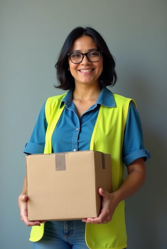 Brazilian woman, wearing glasses, black short hair, wearing blue shirt citrus green vest, holding cardboard box, fundo cinza.