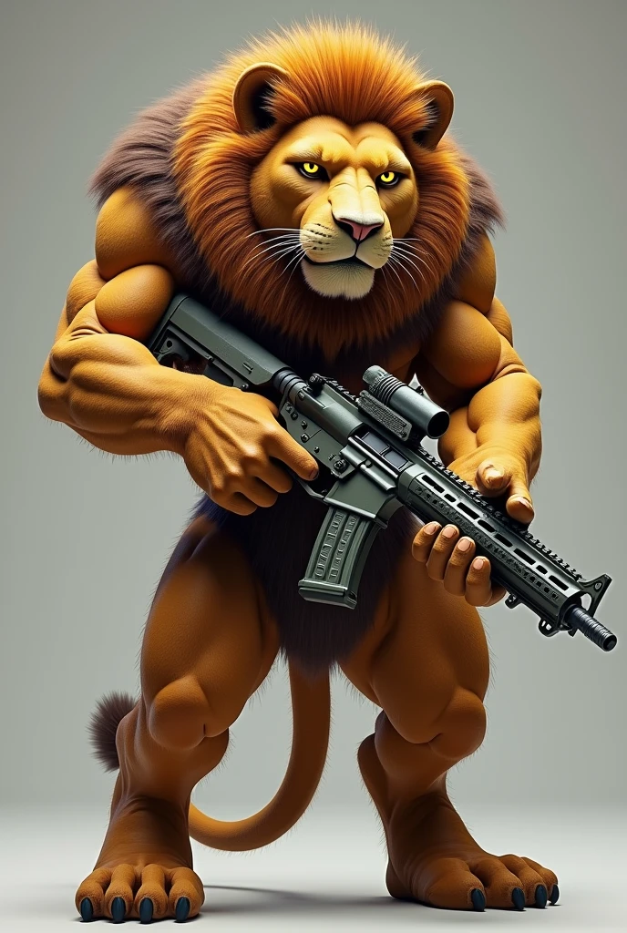 (photorealism:1.2), humanoid lion with a military gun