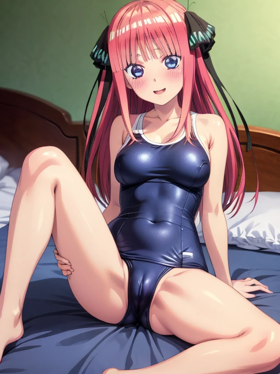 best quality, insanely detailed, nino nakano, breasts, blush, bedroom background, looking at viewer, cheerful eyes,arousal, one-piece swimsuit, old school swimsuit, pussy, nsfw