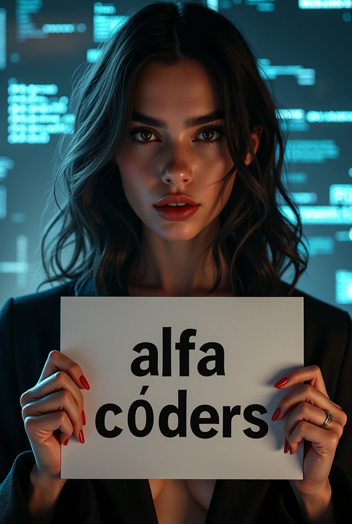 a detailed portrait of Dua Lipa holding a sign that says "Alfa C0ders" with a background of Python and JavaScript programming themes, highly detailed, photorealistic, cinematic lighting, dramatic composition, digital art