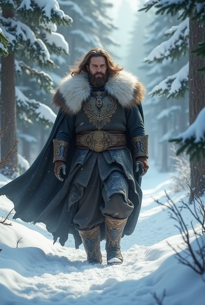 A demigod jarl, While walking through a snowy forest brown hair 