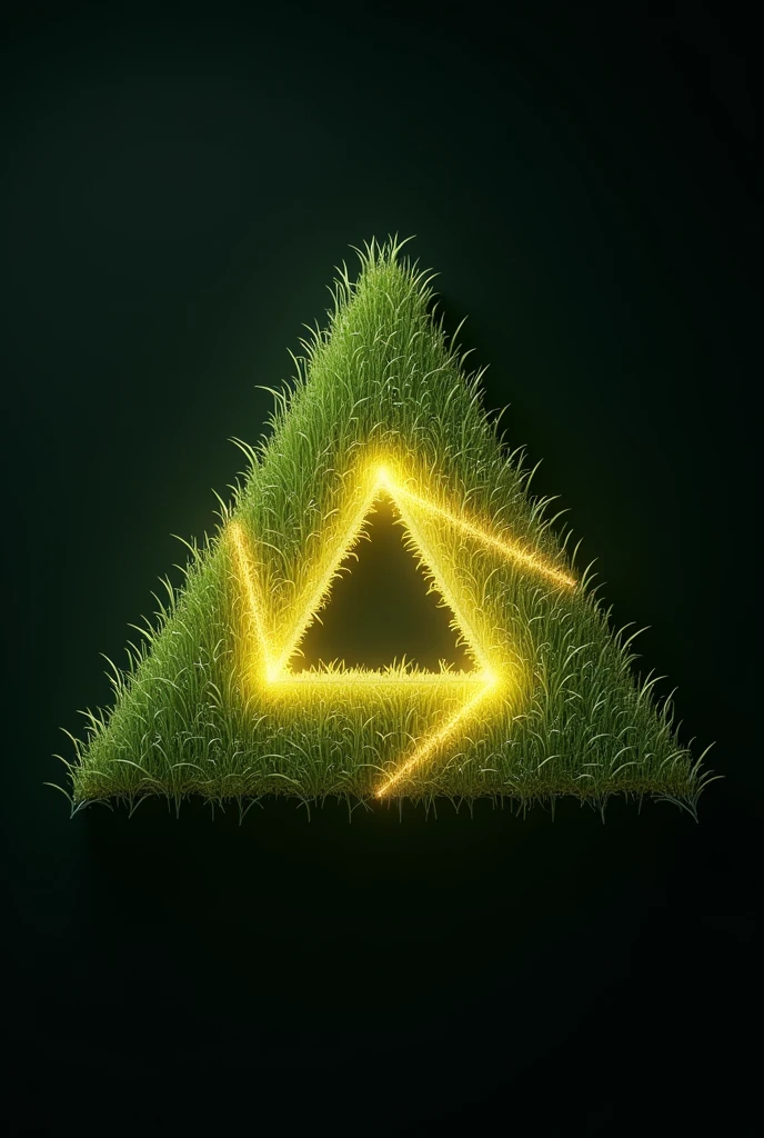 A detailed view of a triangle-shaped object set against a dark background, surrounded by a border of intricate, grass-like patterns. The design features triangular elements with a soft, golden-green glow, reminiscent of illuminated blades of grass, forming a perfectly symmetrical pattern. This computer-generated image highlights a natural, organic feel with precise lighting, creating a central triangular formation that showcases a golden Sierpinski gasket motif, blended seamlessly with the texture of grass