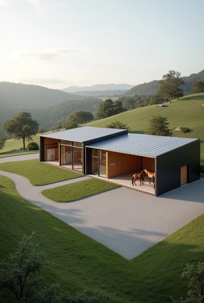 Create horse stables in the style and features of Craig Ellewood's architectural works