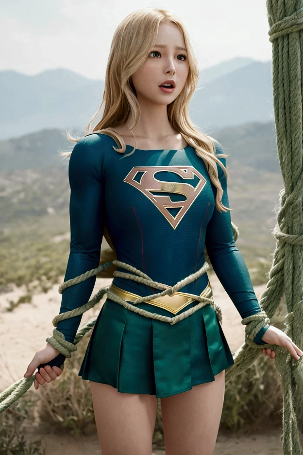 A glowing green rope wraps around Supergirl's stomach.,The rope also wraps around Supergirl's legs.,Supergirl has a pained look on her face.,Supergirl is screaming.,Supergirl is weak,Supergirl thrusts her chest out