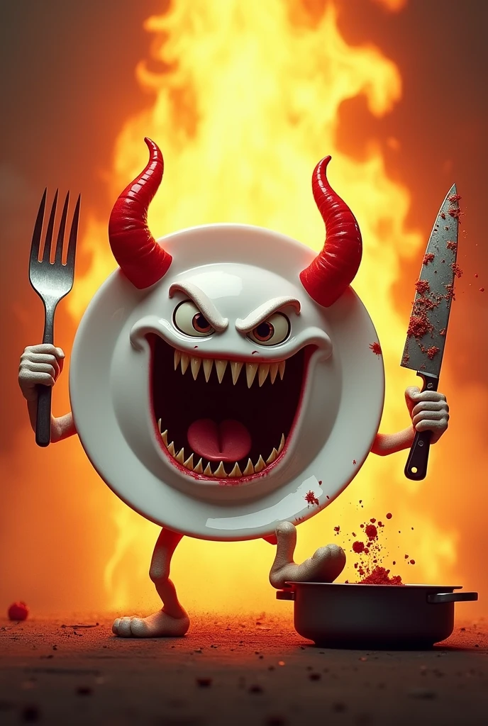 A white plate digital art character shaped like a plate of rice. It has a fierce expression with a wide open mouth, revealing sharp teeth. It wears red evil horns and is holding a large fork in its left hand and a knife covered in food stains in its right hand. There are food remnants stuck in its teeth. A huge flame is in the background. It is wearing boots and its right foot is stepping on a pan.