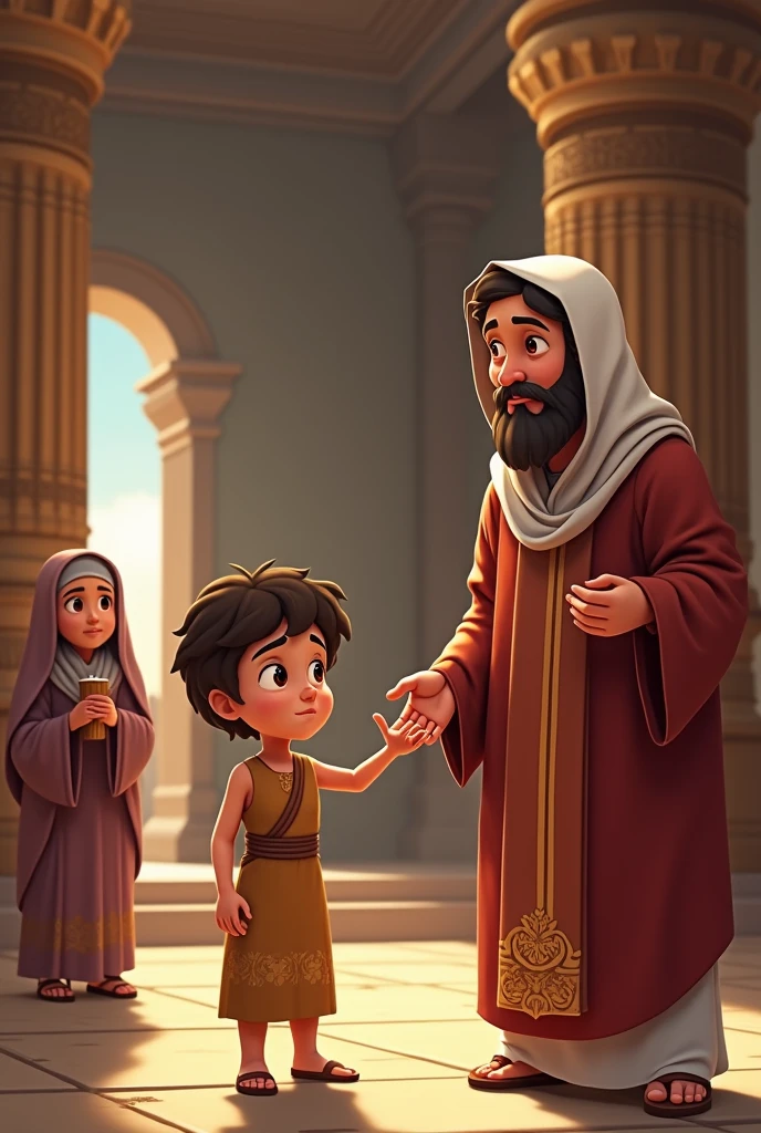 Israelite being presented to a priest in the company of his Israelite mother in the animated temple