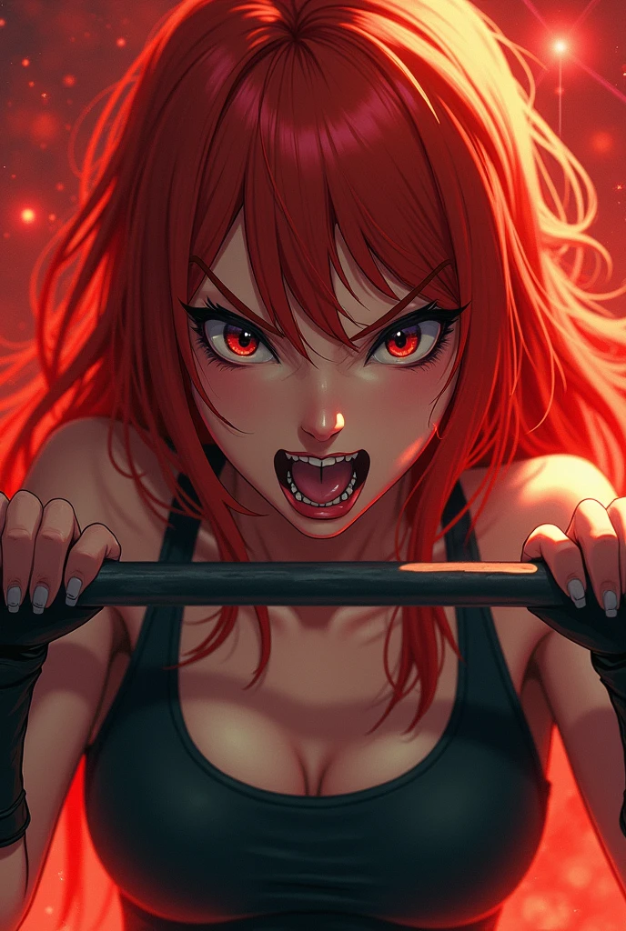 ((Best Quality)), ((masterpiece)), (detailed), 1 girl, A close-up of a cartoon of a woman lifting a barbell, an album cover inspired by Richard Pionk, pixiv, Shock Art, Phonk album cover, Phonk Music Background, ultra phoenix, anime cover,redhead,Wild,Red background,masterpiece, Best Quality, (Fondo de pantalla CG unity 8k extremadamente detailed), (Best Quality), (best illustration), (best shadow), (Abyss), hermoso brillo detailed,anime,tongue out