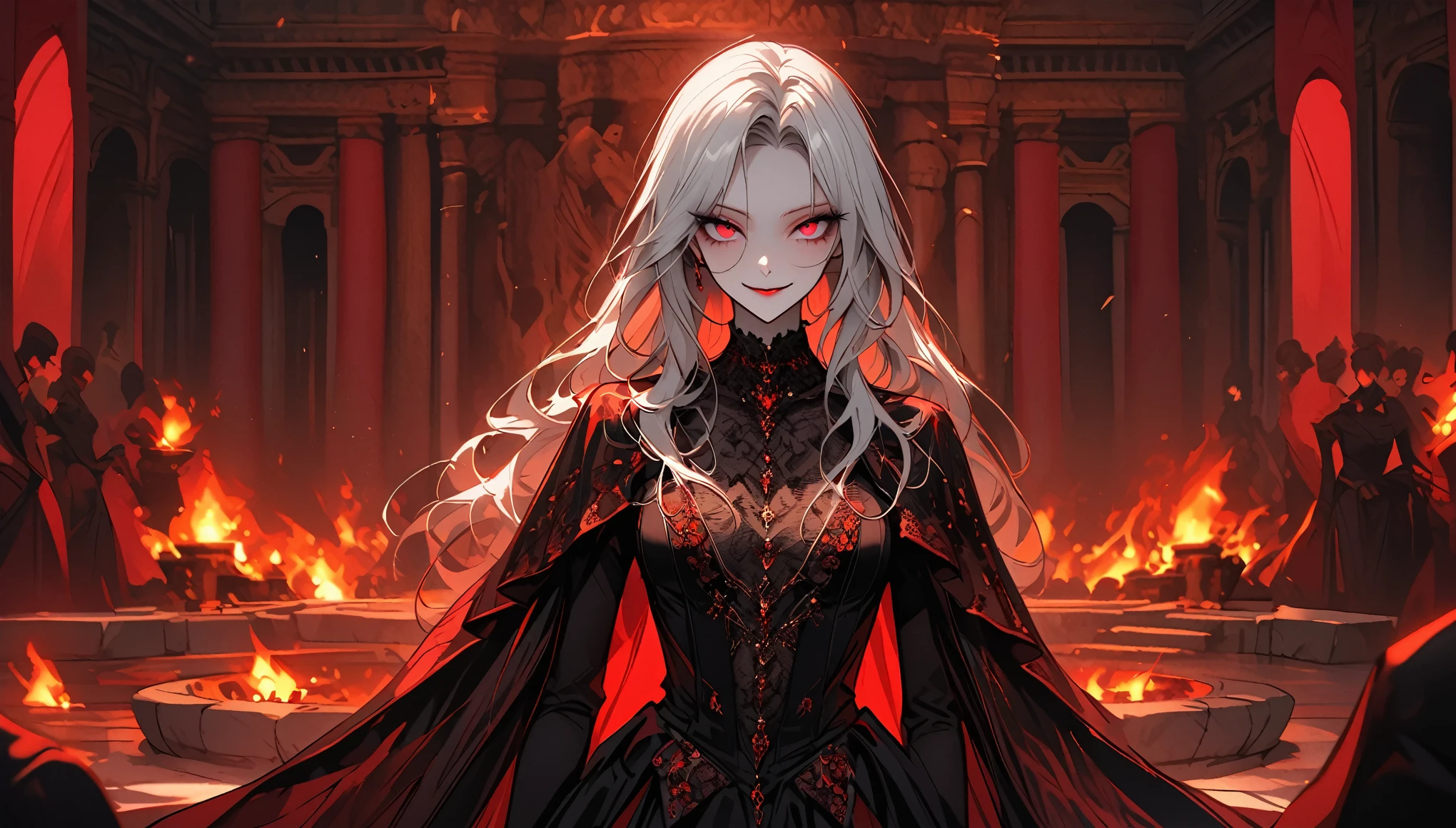 solo female, ancient vampire, ageless, skin the color of old parchment worn thin in places and thick in others, deep crimson eyes, long, silvery hair, slender yet strong, ~5'8, ~120 lbs, undead, alluring presence, difficult to ignore or resist, elegant, luxurious yet simple clothes, subtly evil smile, drapes, ancient luxurious palace, elegant fire pit, close up, decadent, madame, harem