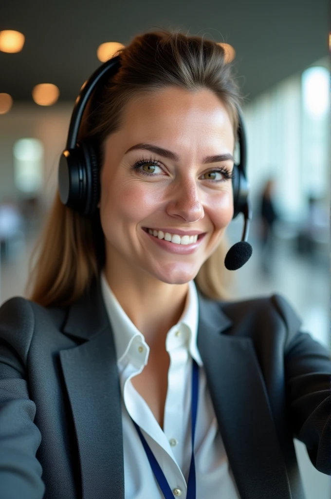A sales consultant during her working hours using her work card and headphones with a microphone, is taking a selfie.