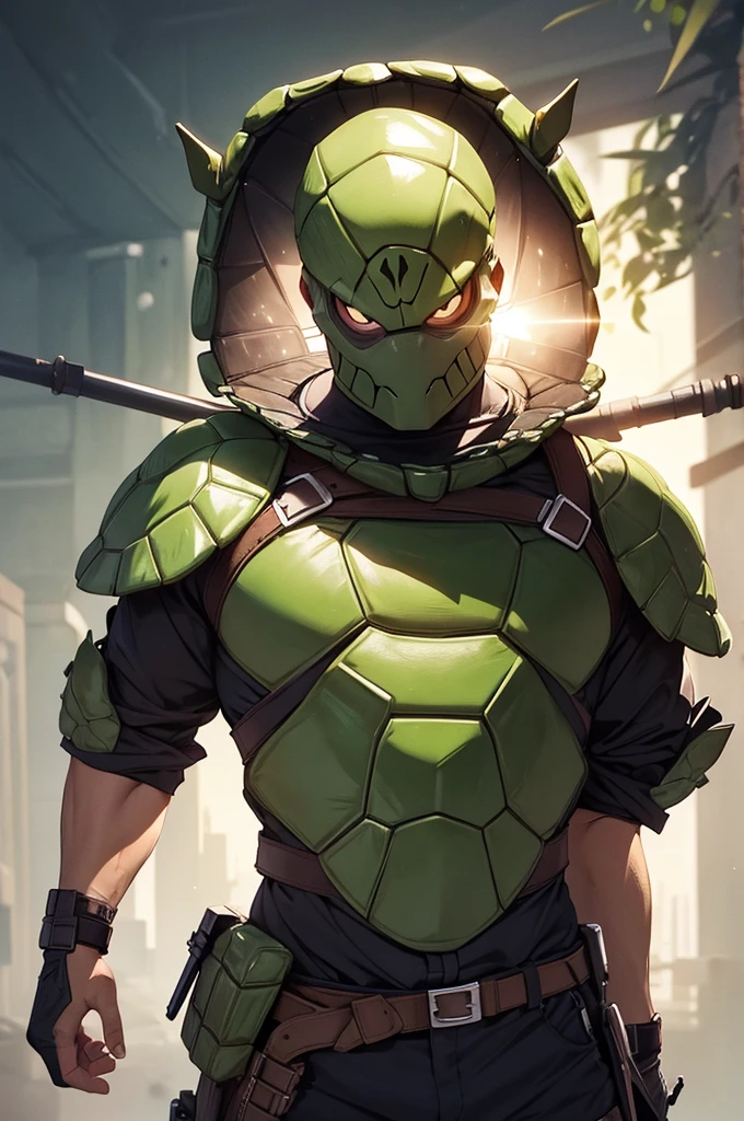 half turtle man wearing turtle armor 