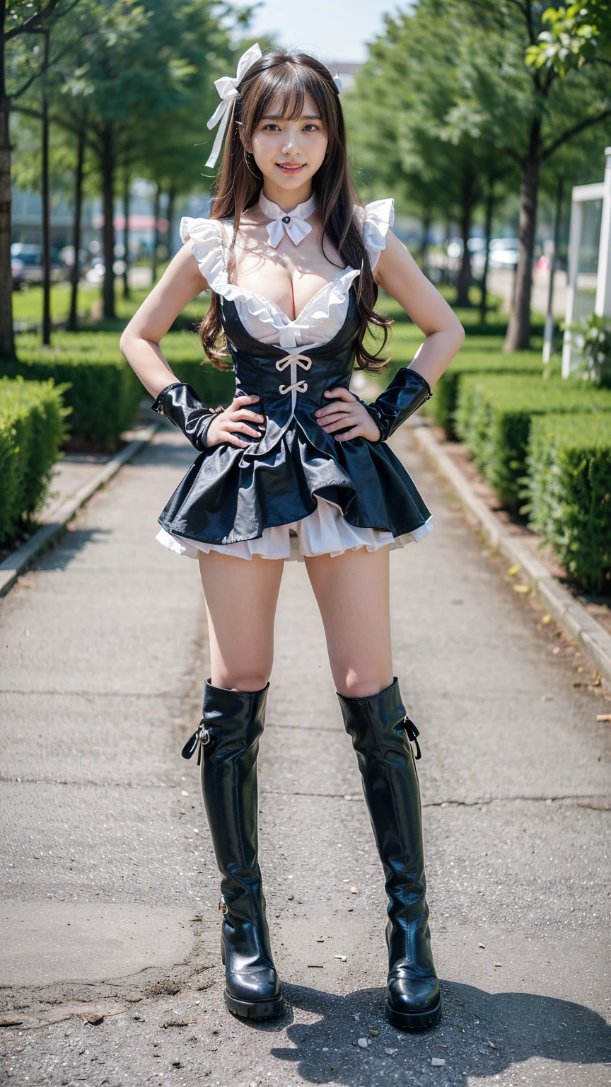 (8k、RAW Photos、Highest quality、masterpiece:1.2)、(Realistic、Realistic)、1 person、((Black and white、Cleavage、smile、See-through、garden、ribbon、Frills、mini skirt、Thin legs、whole body、boots、View from the front、Looking into the camera、Stand with hands on hips))、cute